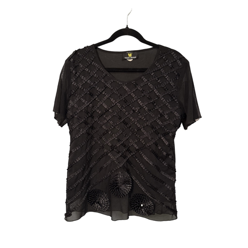 Wild N Style Vintage Black Mesh Short Sleeve Top Lattice Appliqué Women’s M/L